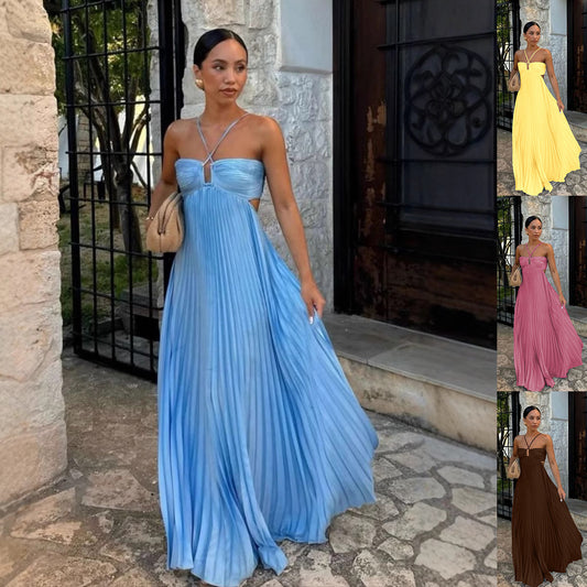 Elegant Pleated Halter Neck Dress – Sleeveless High Waist Party Dress for Women